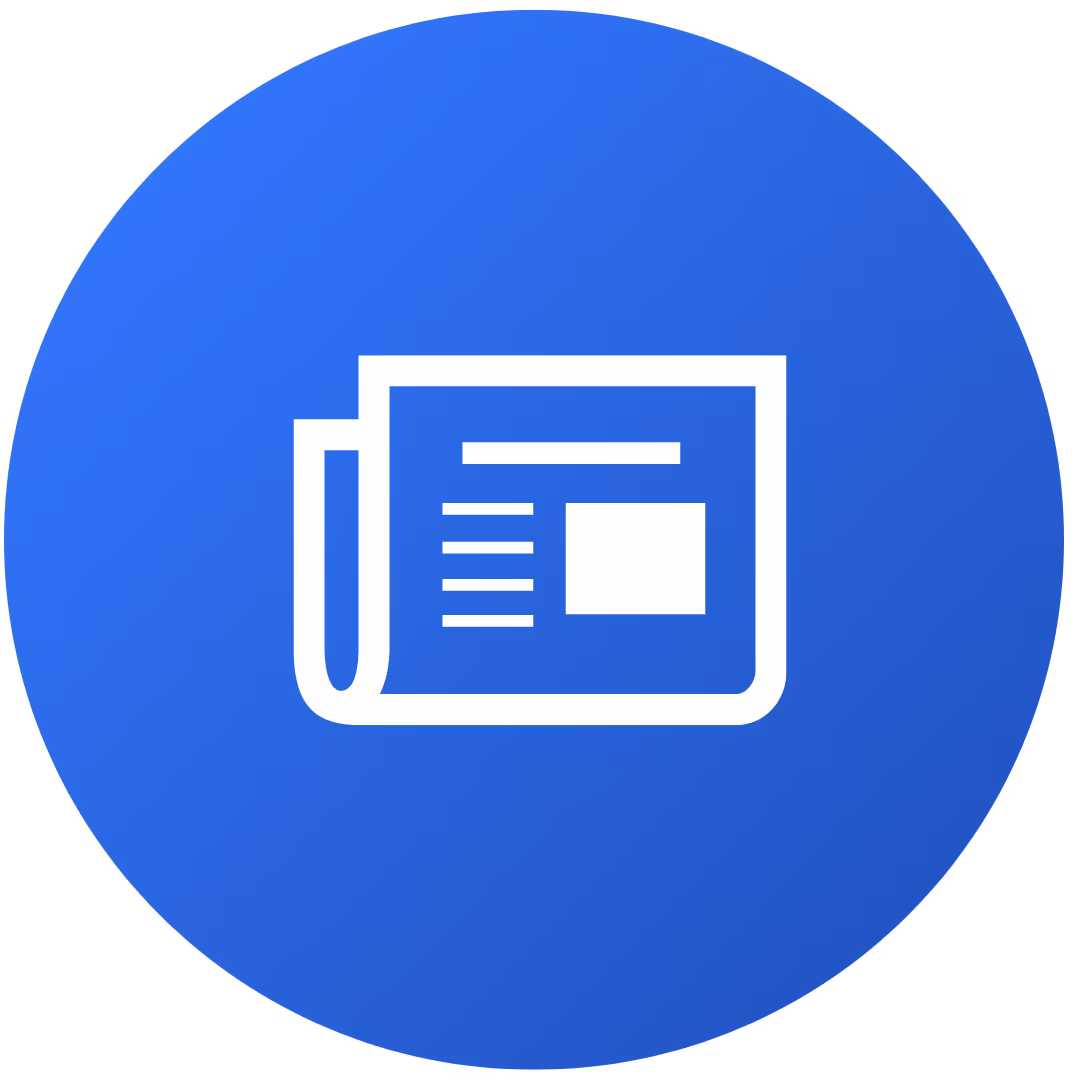 White newspaper icon with text lines and a square on a blue circular background.