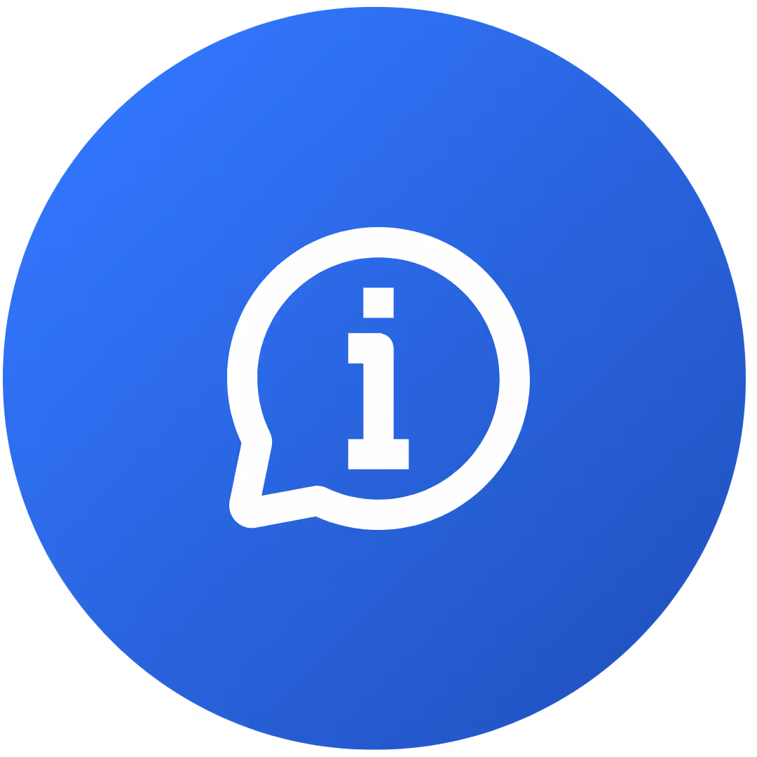 White information icon inside a speech bubble on a blue circular background.