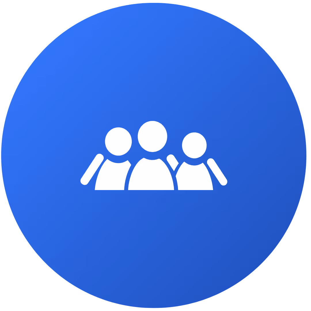 White icon of three people with one person in the center, on a blue circular background.