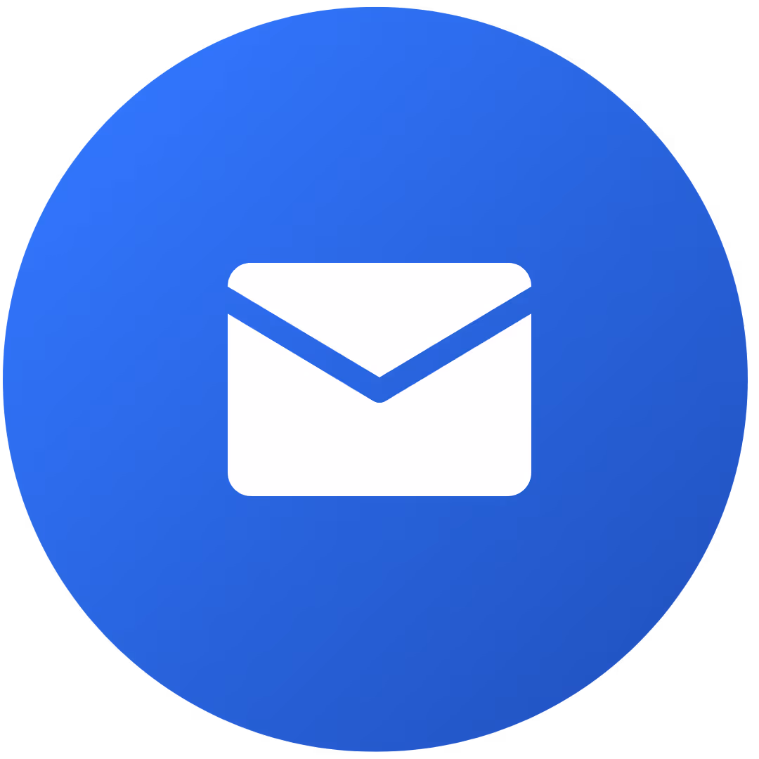 White envelope icon symbolizing email on a blue circular background.