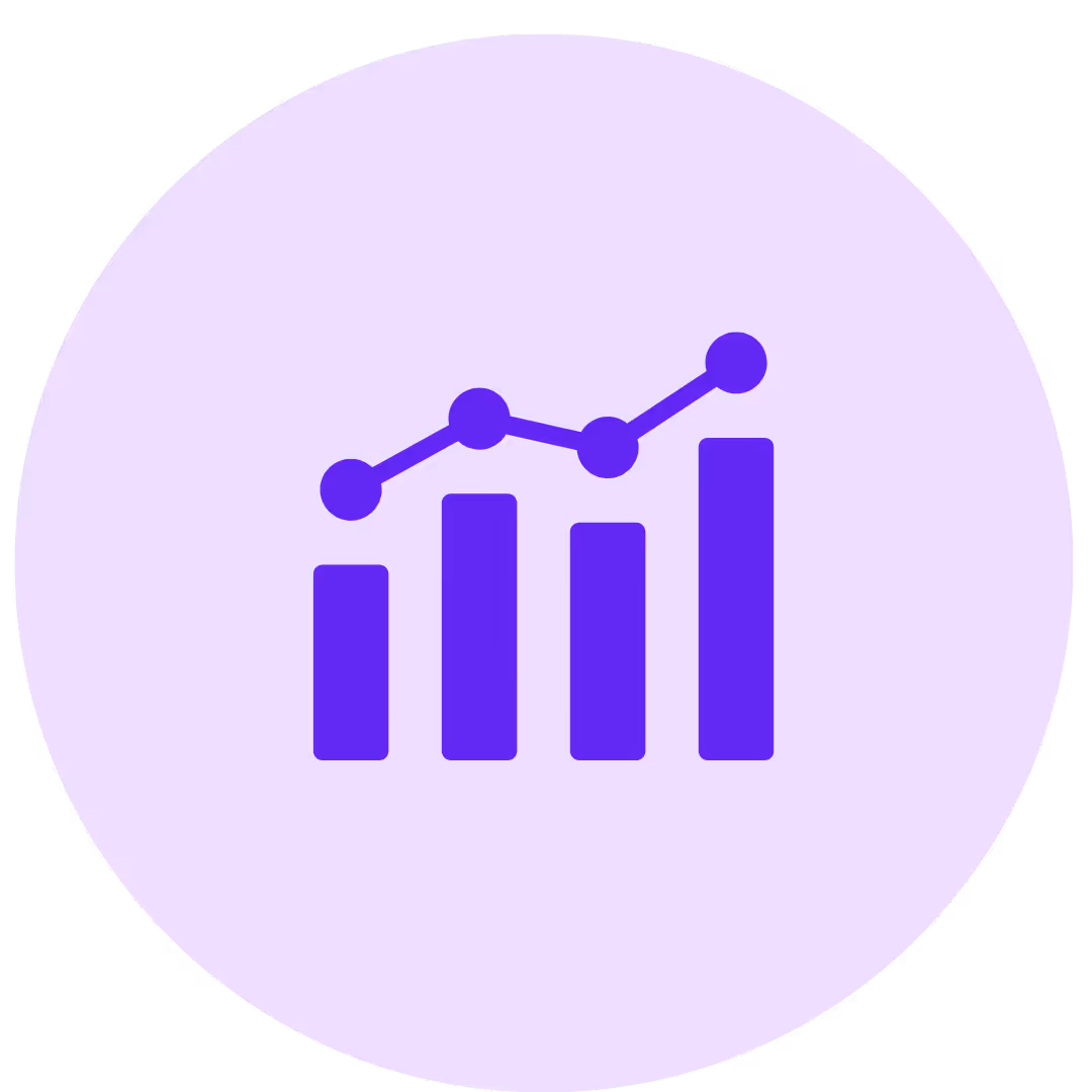 Purple bar chart with a line graph overlay inside a lavender circle background.