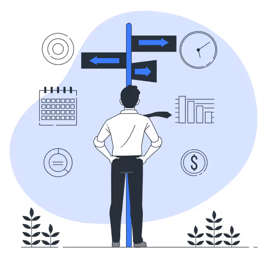 Man standing and deciding direction at a signpost with arrows, surrounded by icons of calendar, clock, chart, dollar sign, and target.