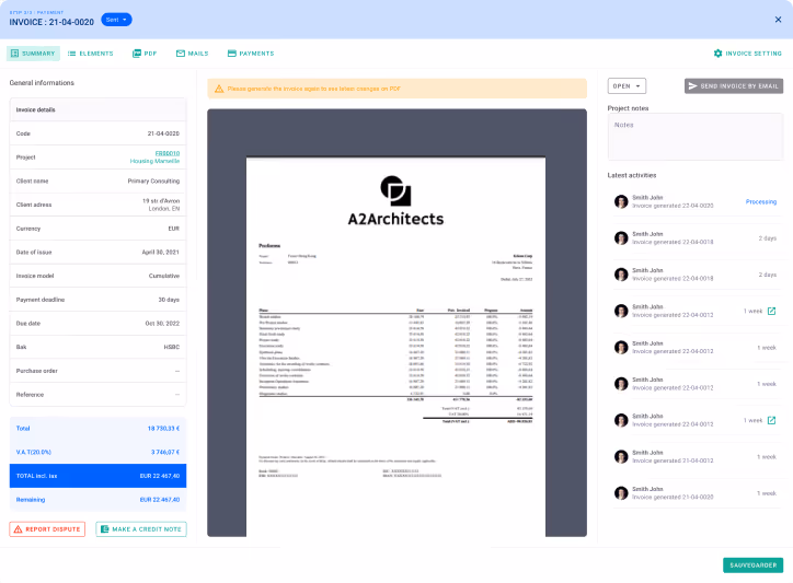 Screenshot of an invoice management interface showing invoice details for A2Architects, including client name Primary Consulting, project Housing Marmotia, payment and invoice dates, currency EUR, and a detailed invoice PDF preview in the center.