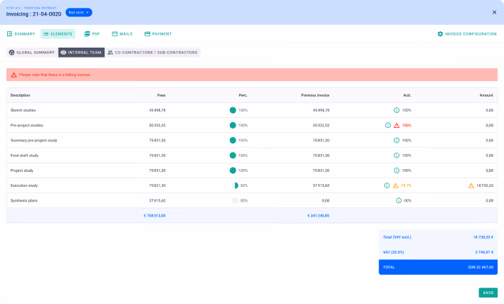 Invoice configuration screen showing a summary table of project studies with fees, completion percent, previous invoice amounts, and current status with warning icons, plus total amounts including VAT.