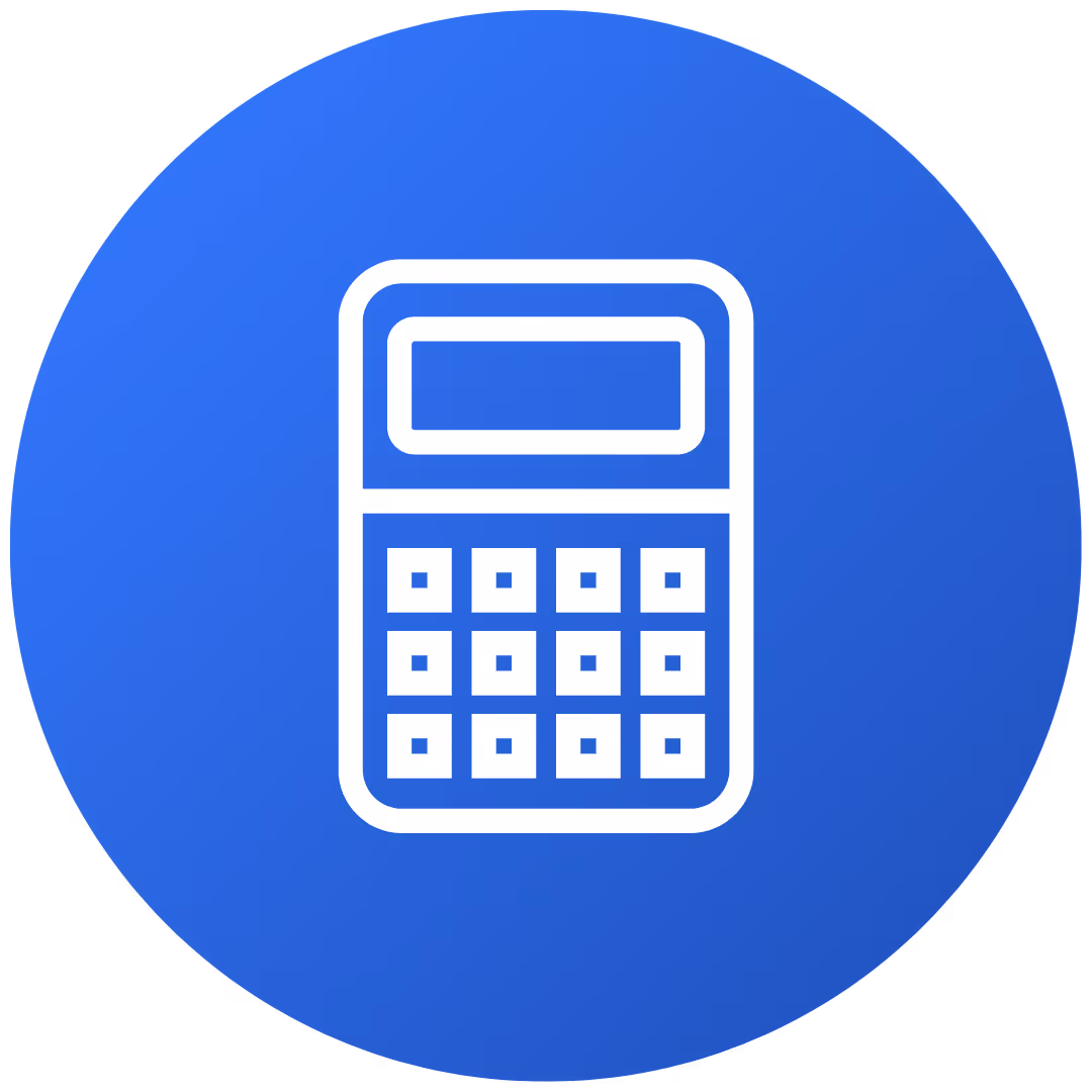White calculator icon with buttons inside a blue circular background.
