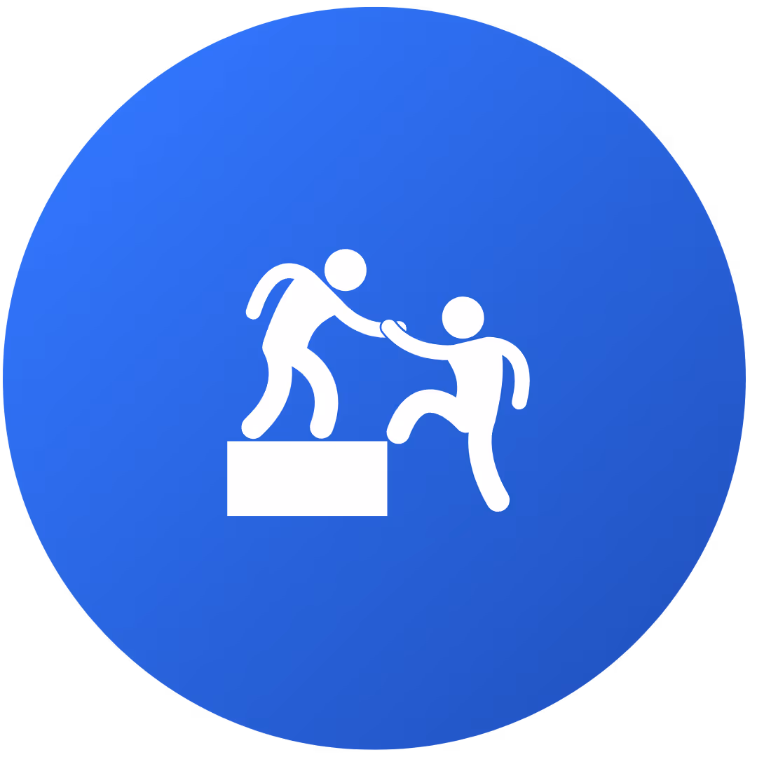 Icon of one person helping another climb onto a platform inside a blue circle.
