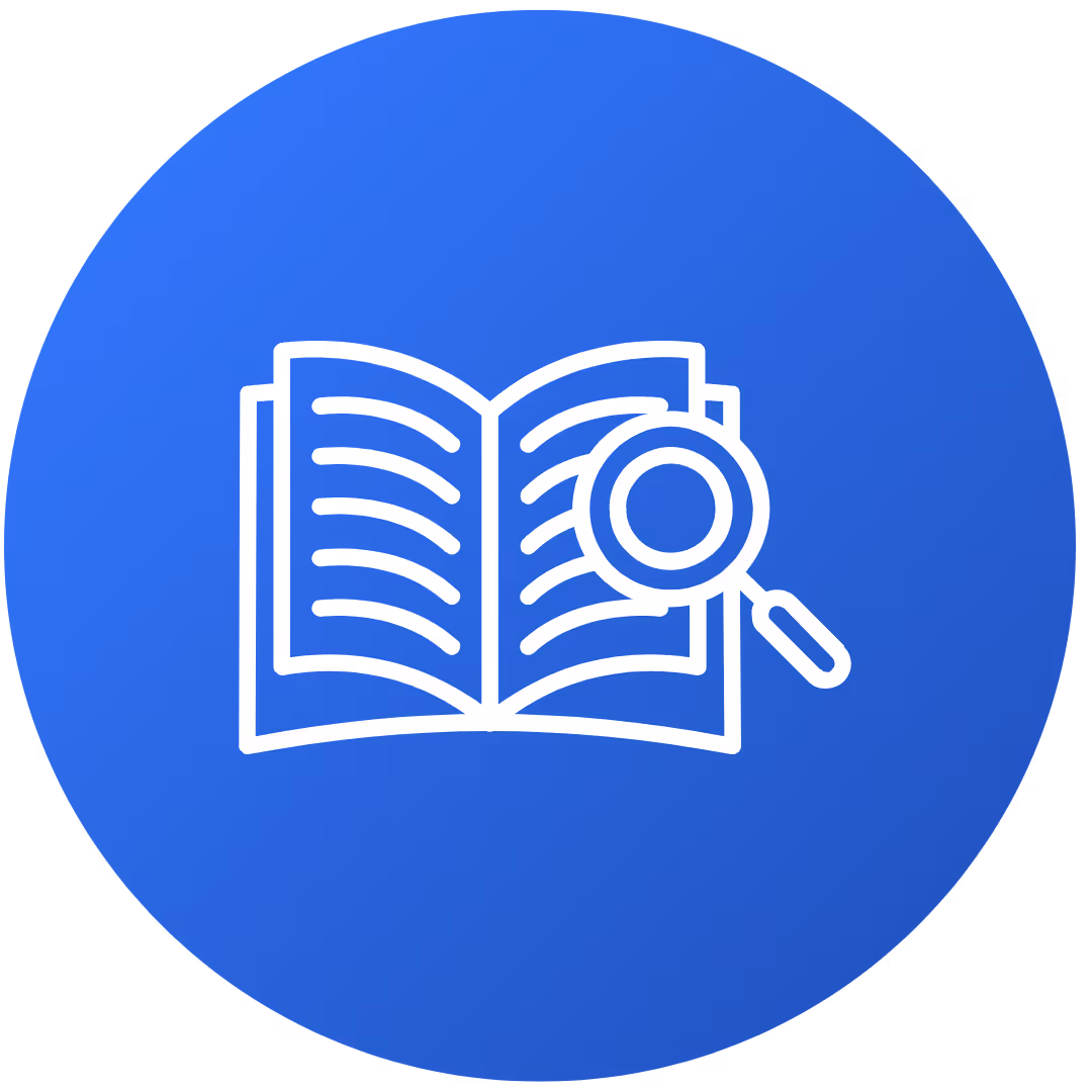 Icon of an open book with lines representing text and a magnifying glass over the right page on a blue circular background.