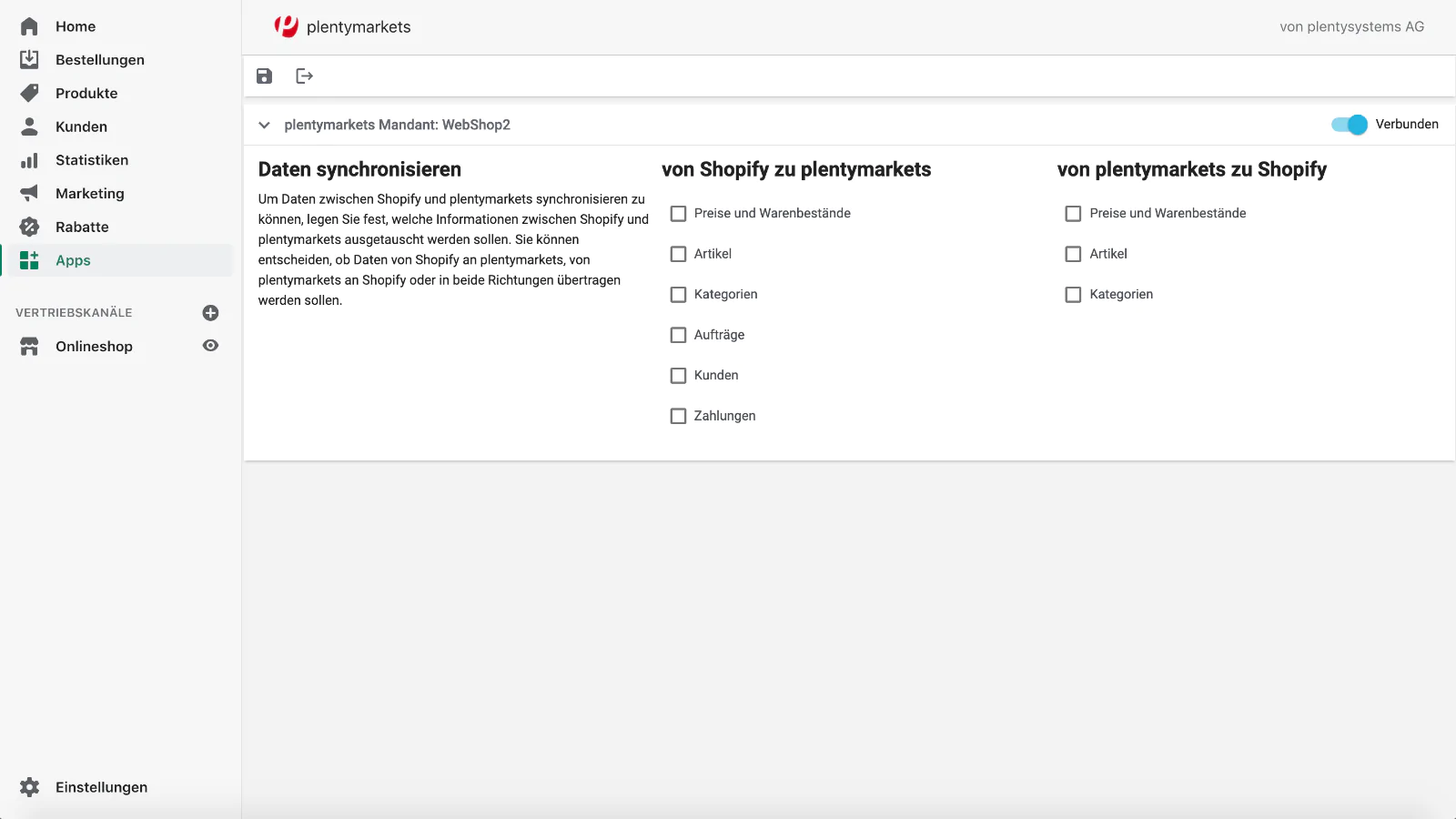 Shopify plentymarkets App Ansicht 1