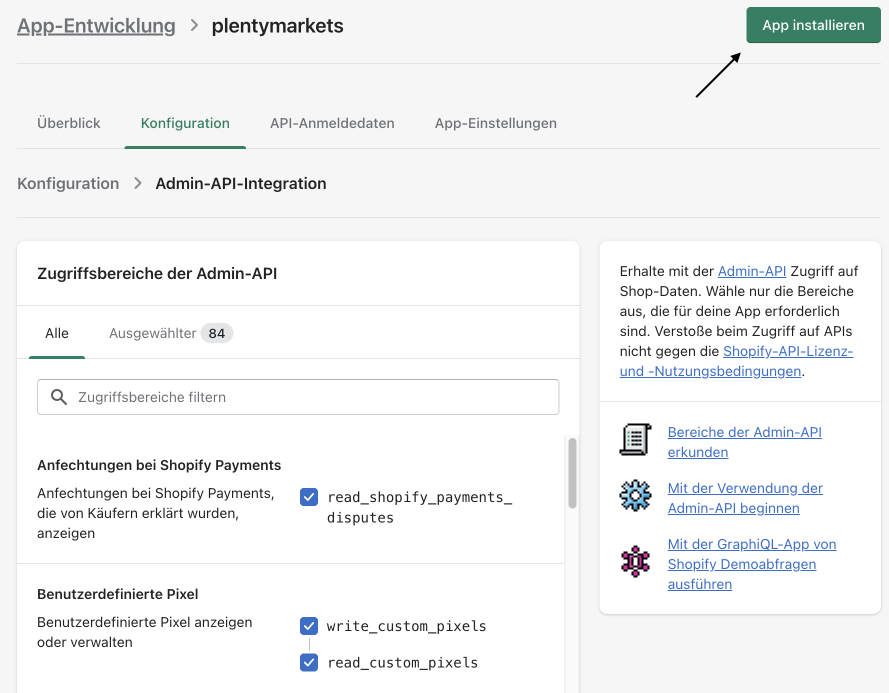 Shopify Backend mit Pfeil auf den Button um eine App zu installieren