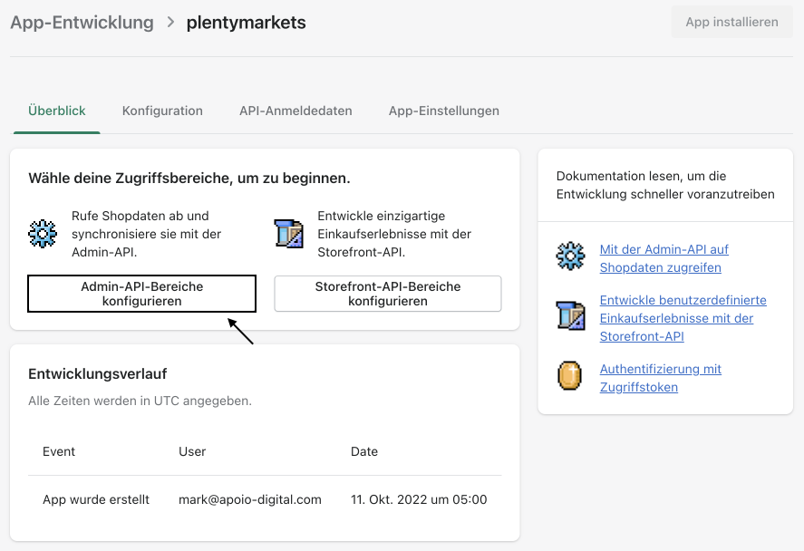 Shopify Backend mit Pfeil auf Admin-API-Bereiche konfigurieren