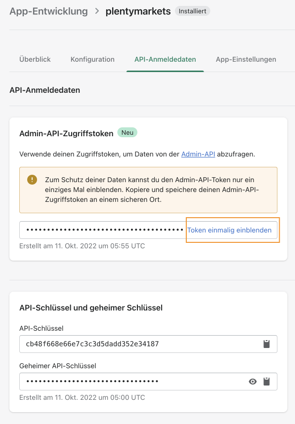 Shopify Backend mit Übersicht der App Zugangsdaten