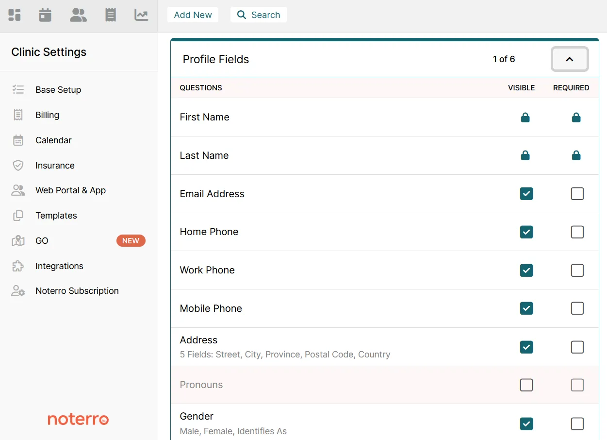Noterro Clinic Settings