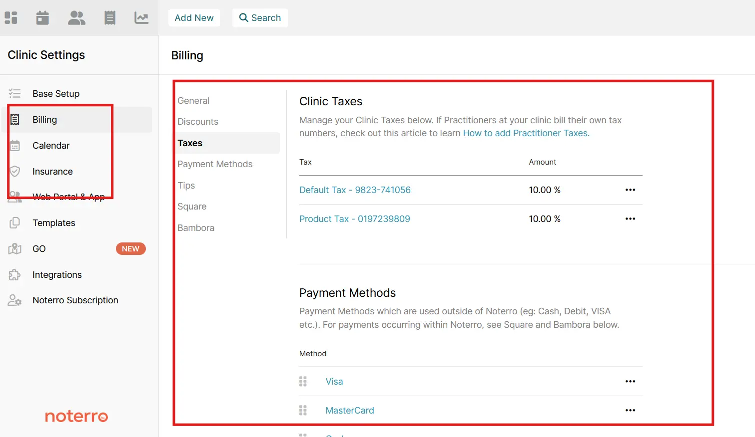 Billing and tax settings page in Noterro for chiropractic clinics.