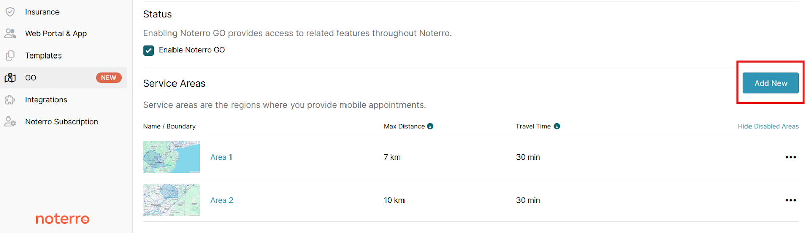 Noterro GO adding service areas