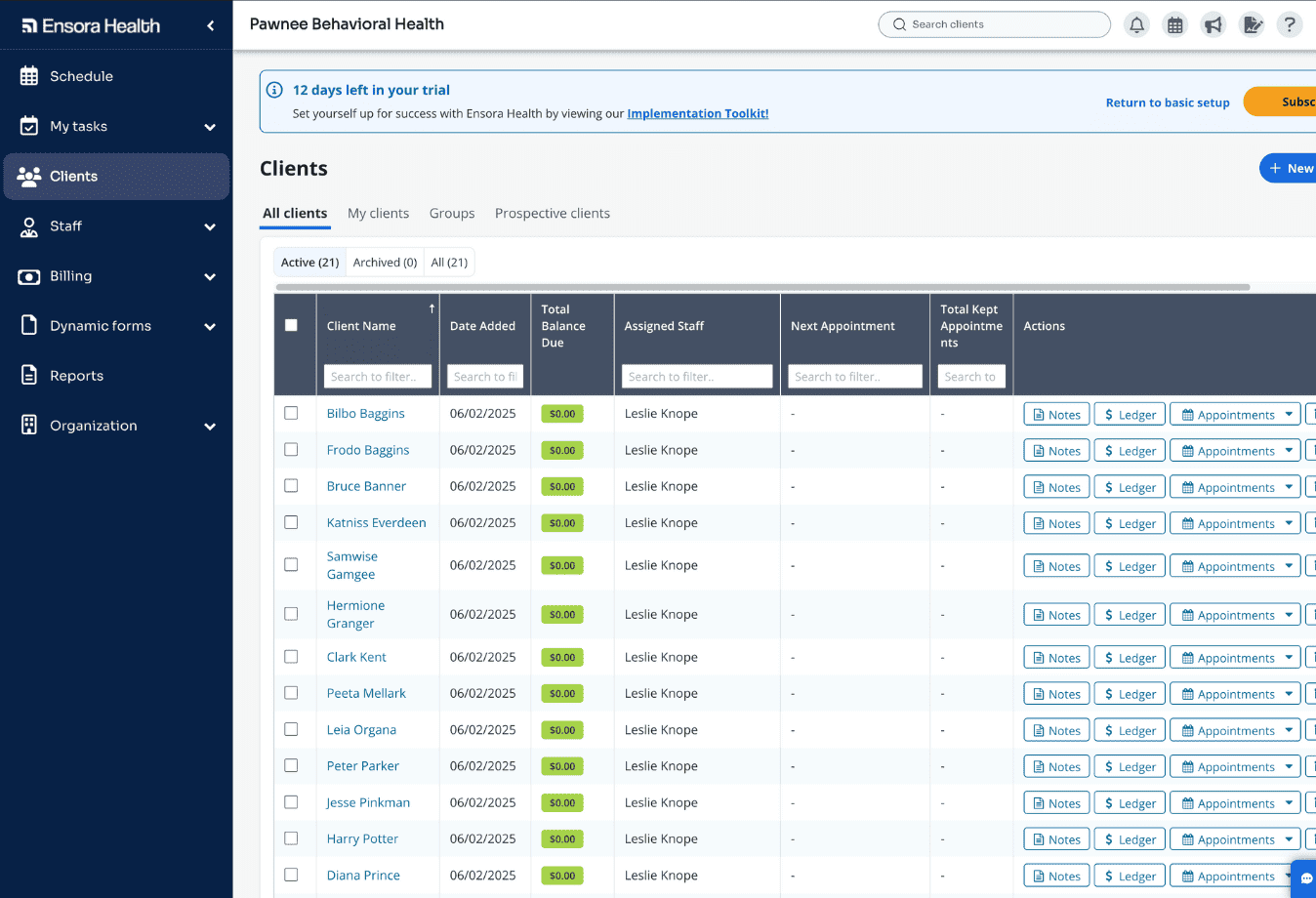 Clinic scheduling interface showing patient appointments