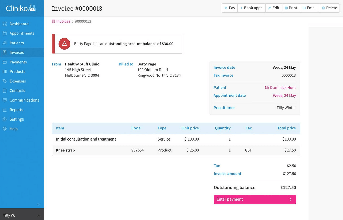 billing and invoice management dashboard inside Cliniko