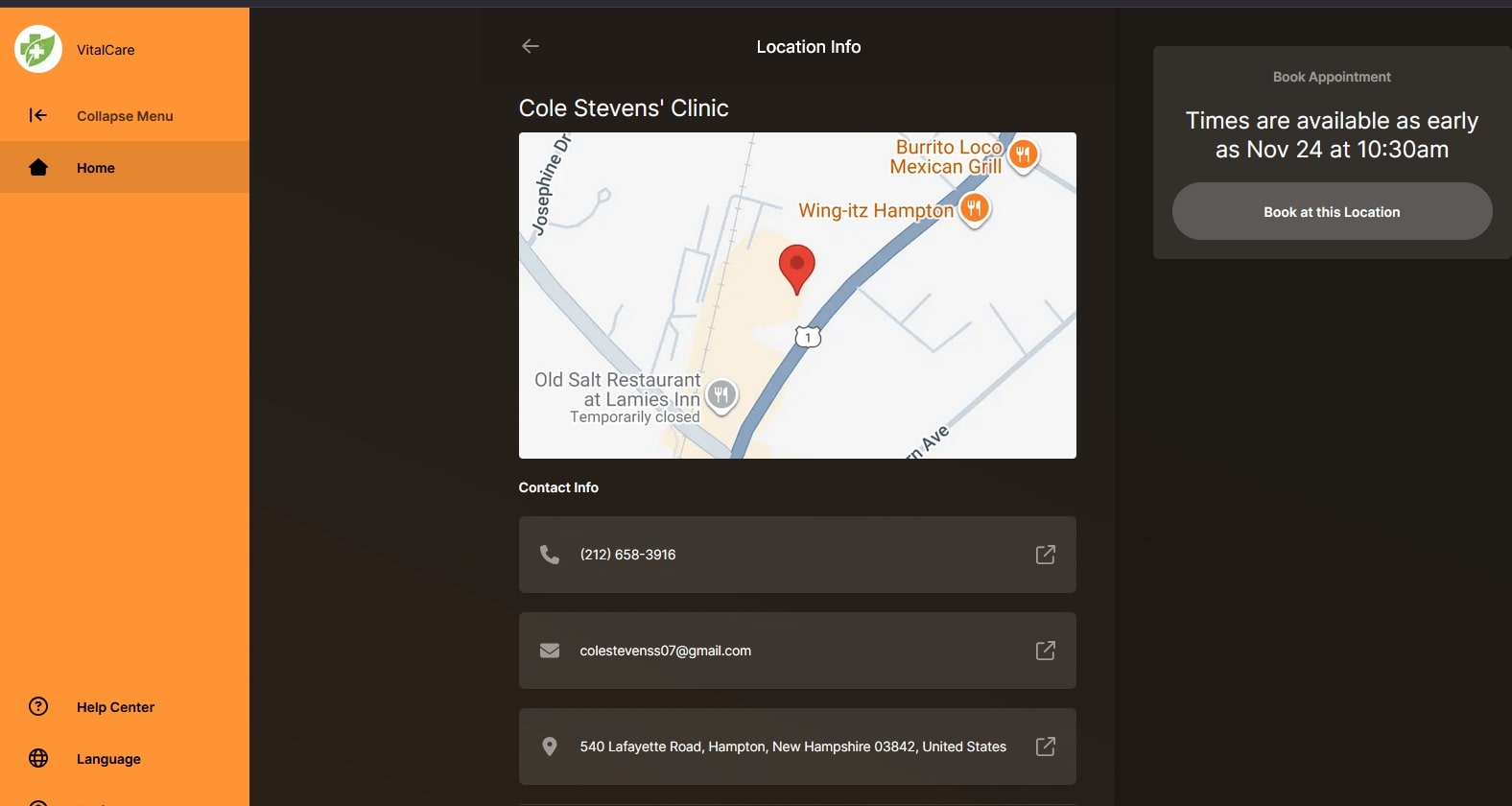 Clinic Location Page with Map, Contact Details and Online Booking Availability