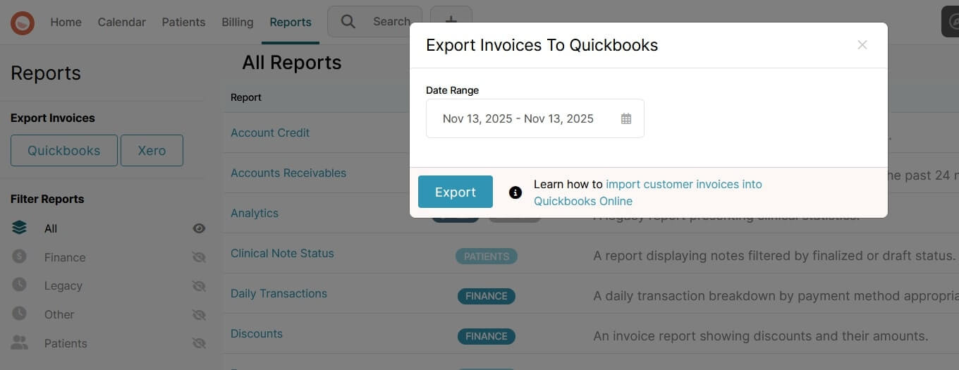 Export Clinic Invoices to QuickBooks