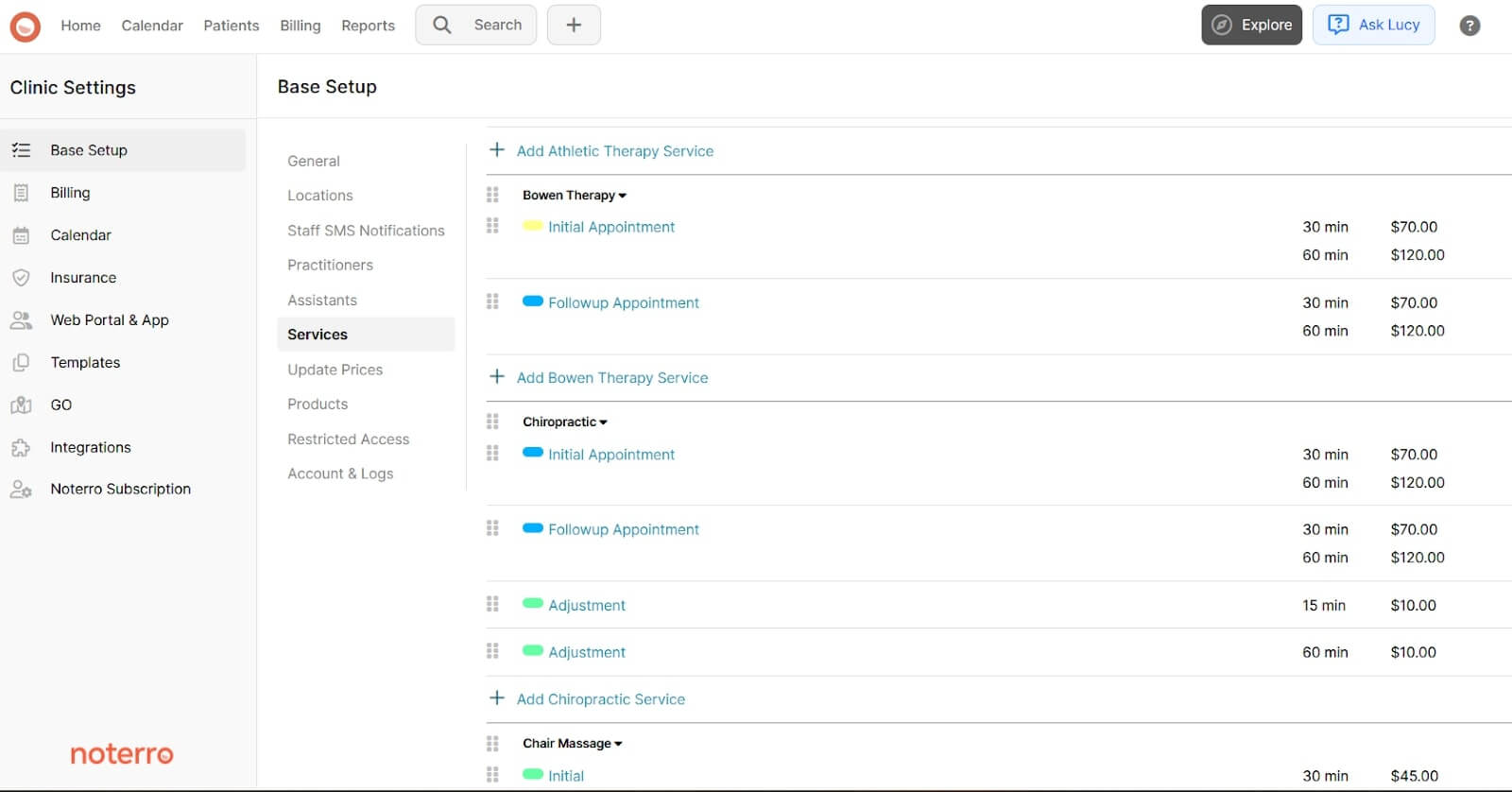 Services Setup Dashboard for Appointment Types and Pricing