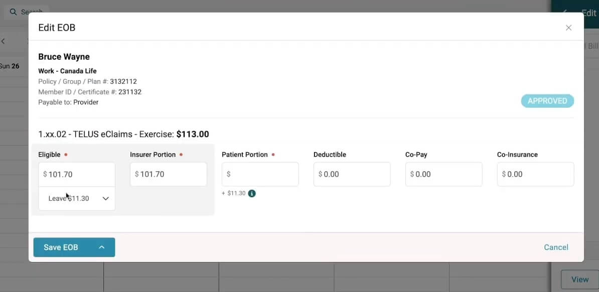 EOB Screen Showing Eligible Amounts, Insurer and Patient Portions