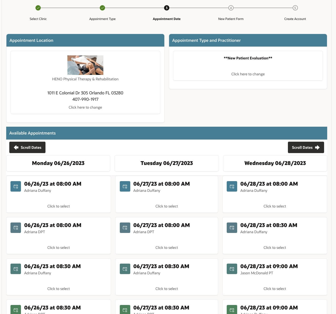 Clinic Scheduling Page Showing Available Appointment Dates and Times-HENO