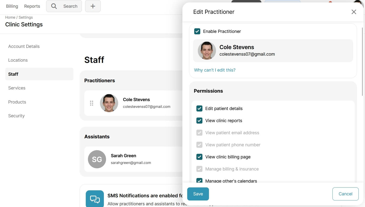 Practitioner Staff Permissions Settings