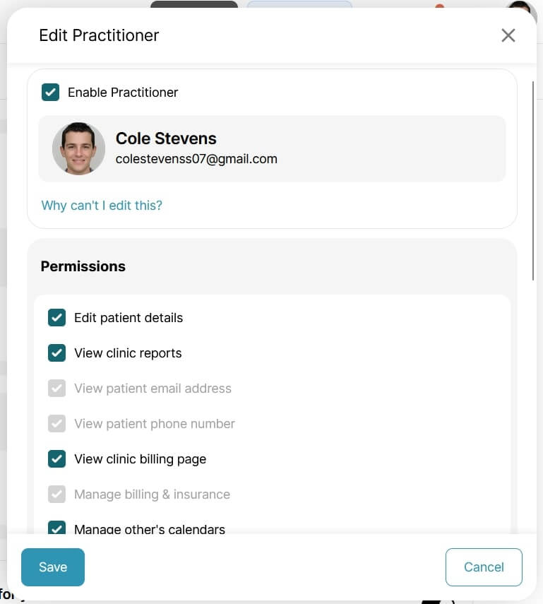 Edit Practitioner Permissions Modal
