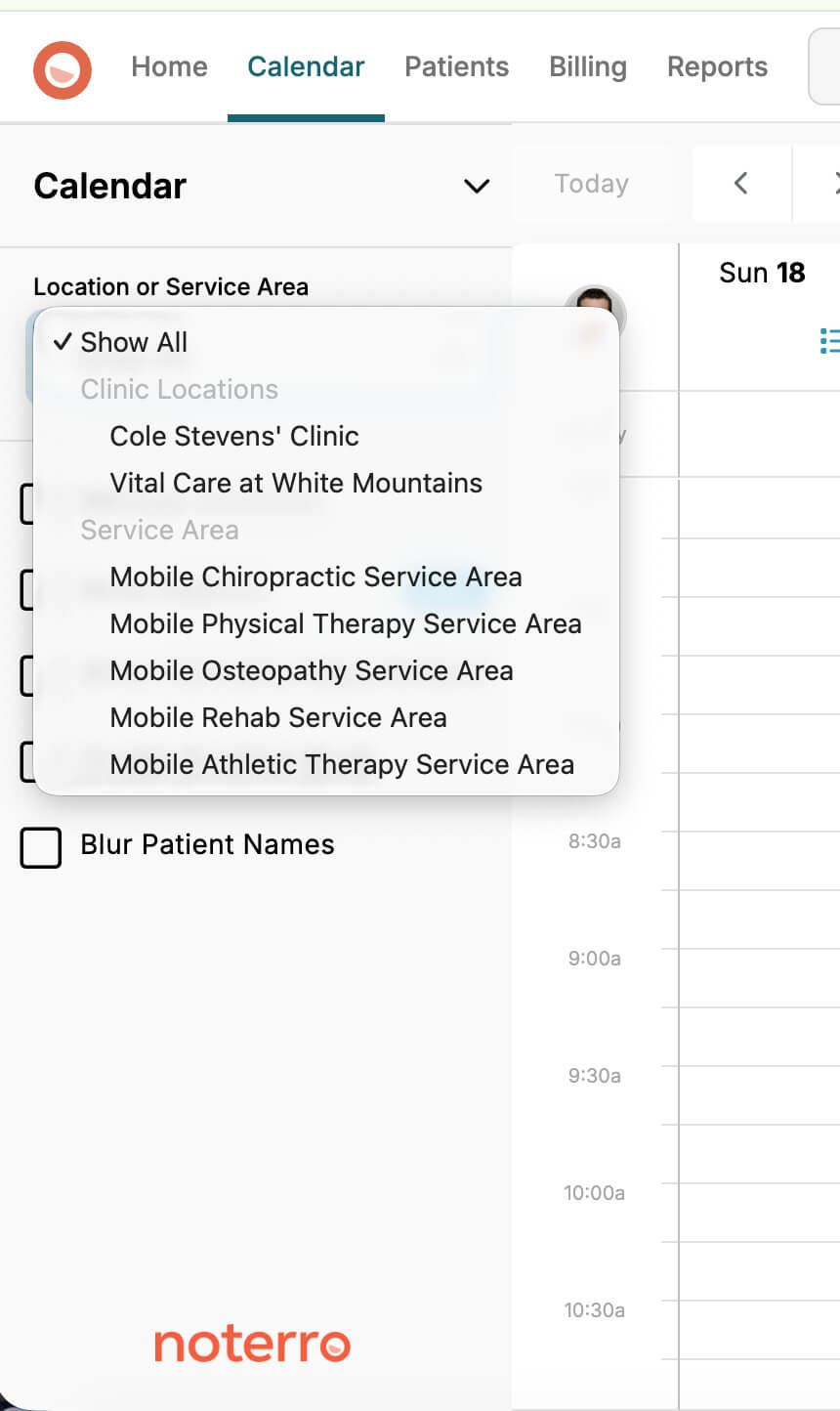 Calendar Service Area Filters