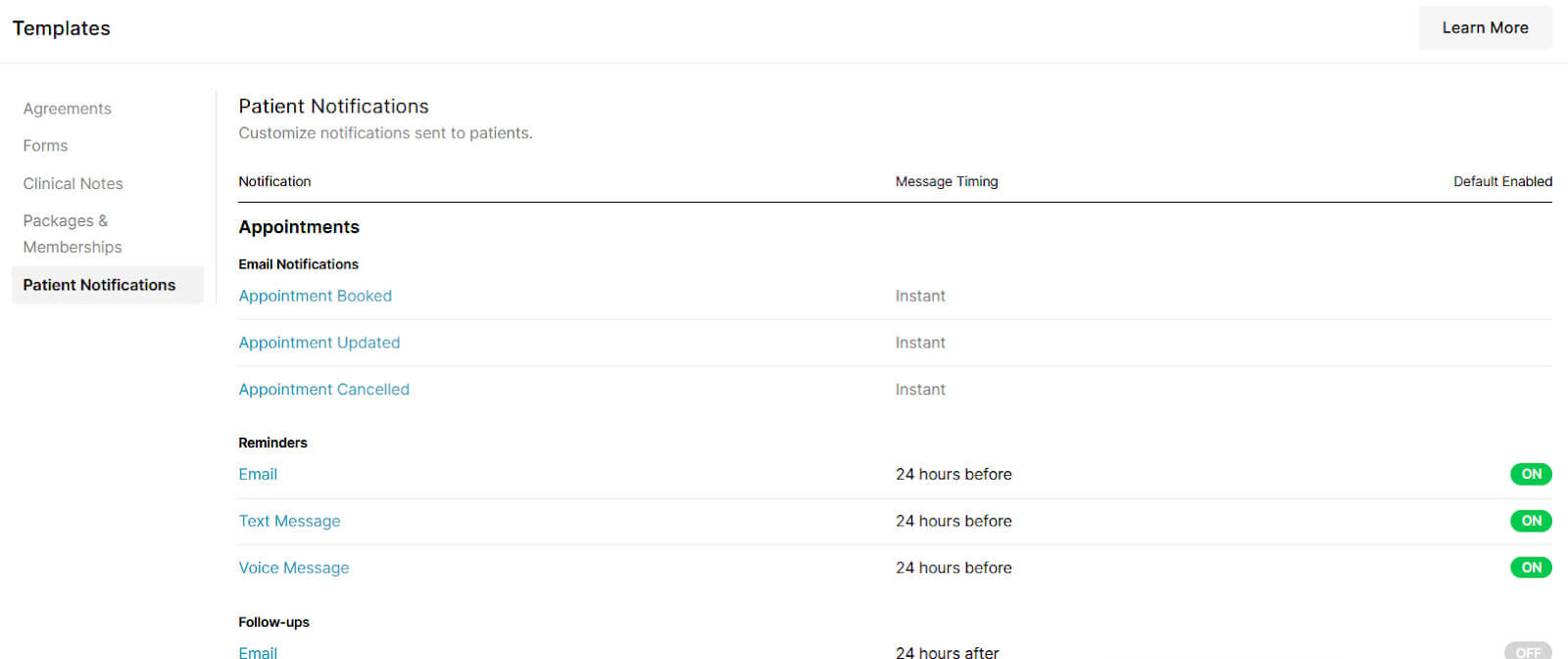 Patient Notification Templates Table