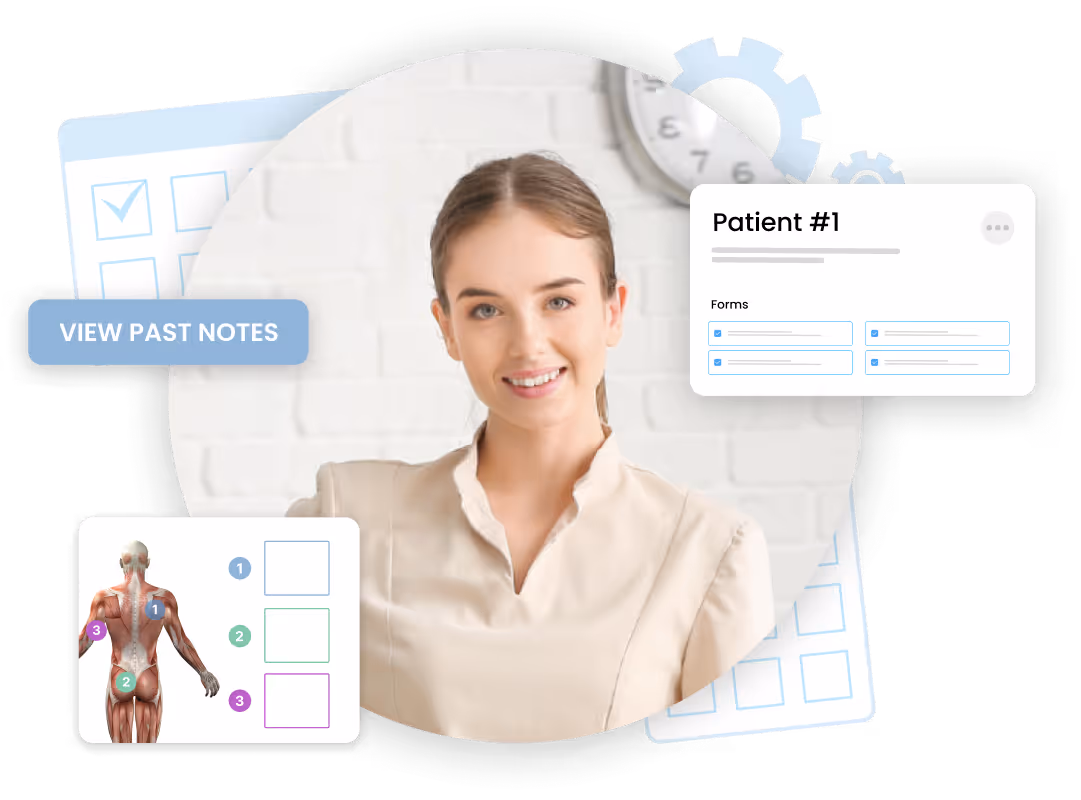practice management software mockup with smiling practitioner