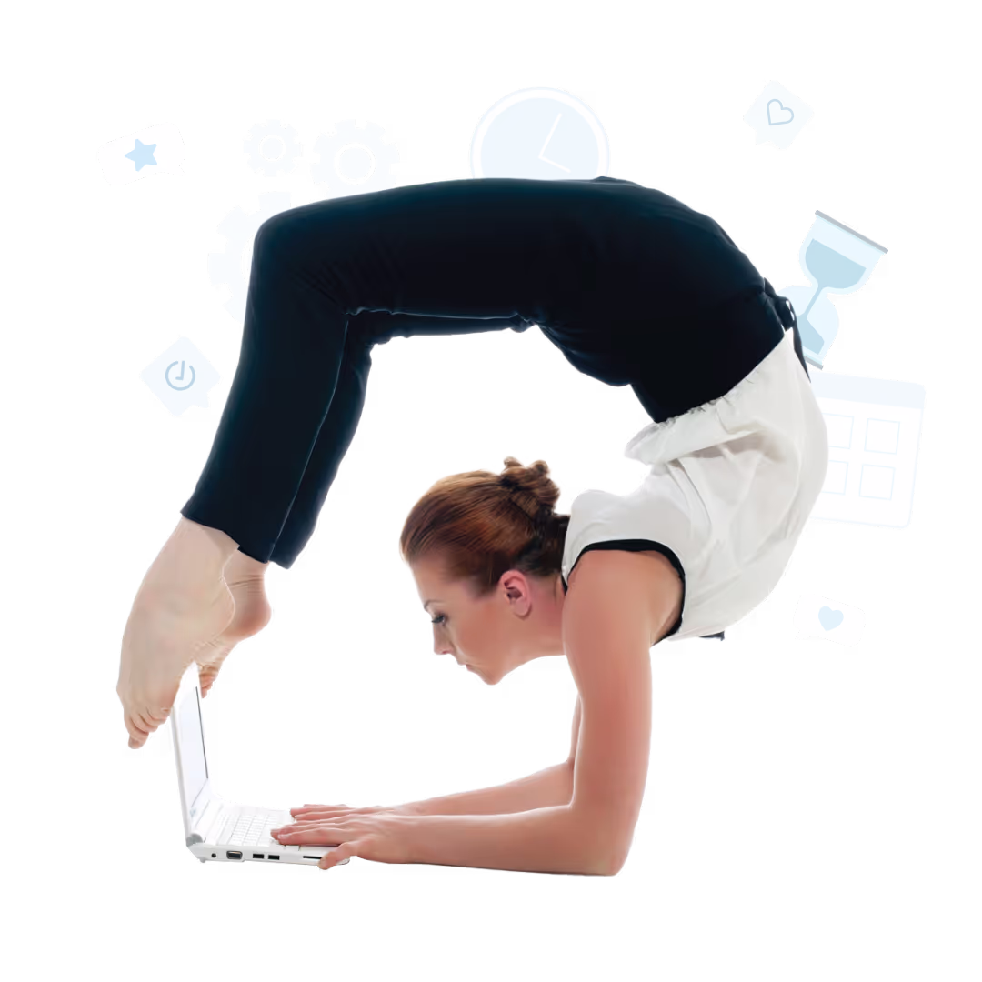 Flexible woman in a yoga pose typing on a laptop