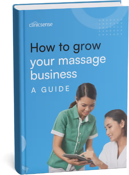 Book cover titled 'How to grow your massage business: A guide' with two women, one in green uniform showing a tablet to the other.