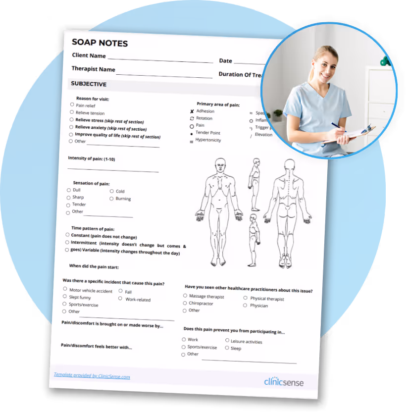 Pain assessment SOAP notes form with checkboxes and body diagrams, overlayed with a circular image of a smiling female medical professional in scrubs holding a clipboard.
