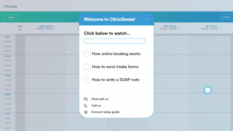 ClinicSense interface with a pop-up titled 'Welcome to ClinicSense!' offering video topics: how online booking works, how to send intake forms, and how to write a SOAP note, plus chat, call, and account setup guide options.