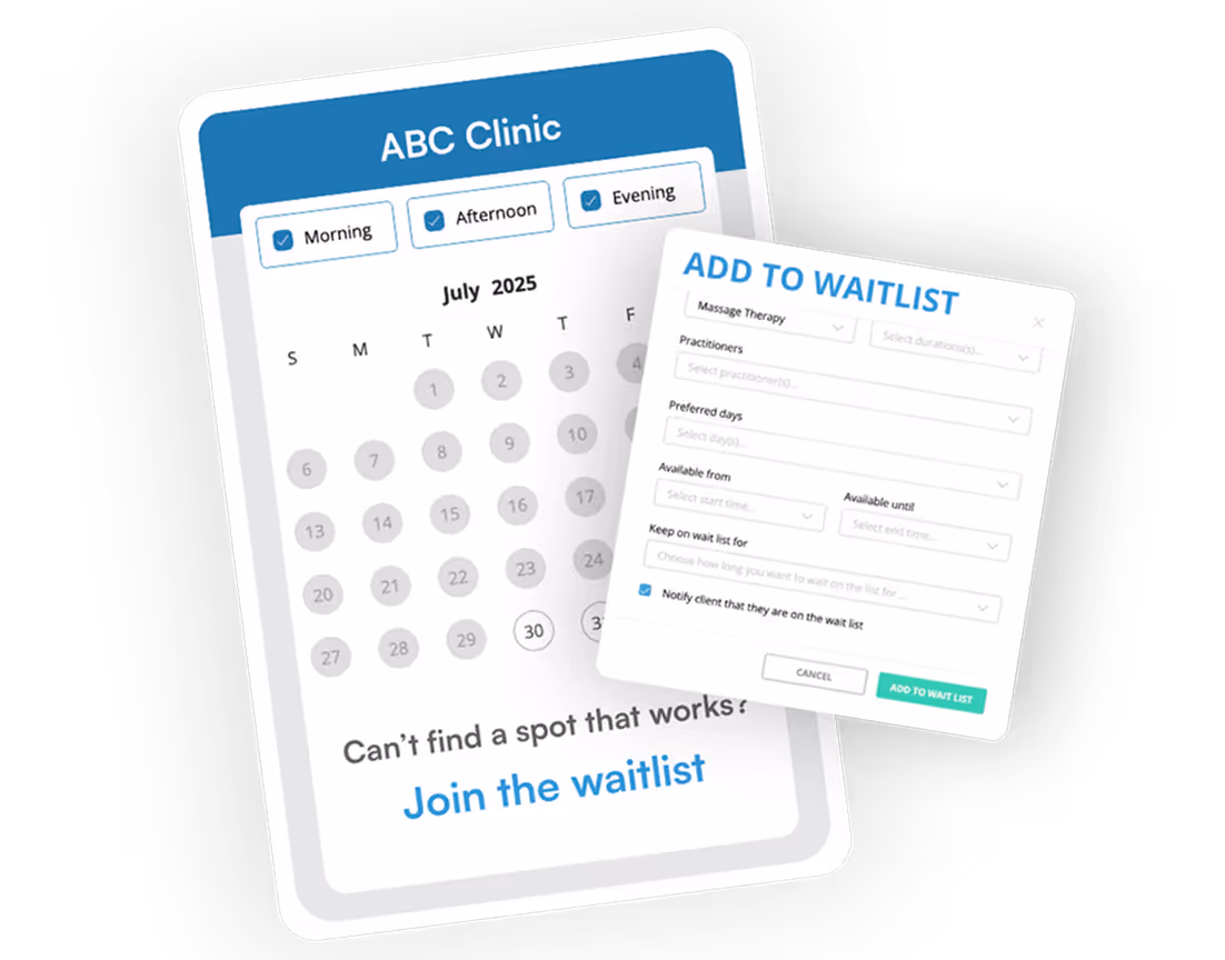 ABC Clinic July 2025 calendar showing morning, afternoon, and evening availability with option to join a waitlist for unavailable spots.