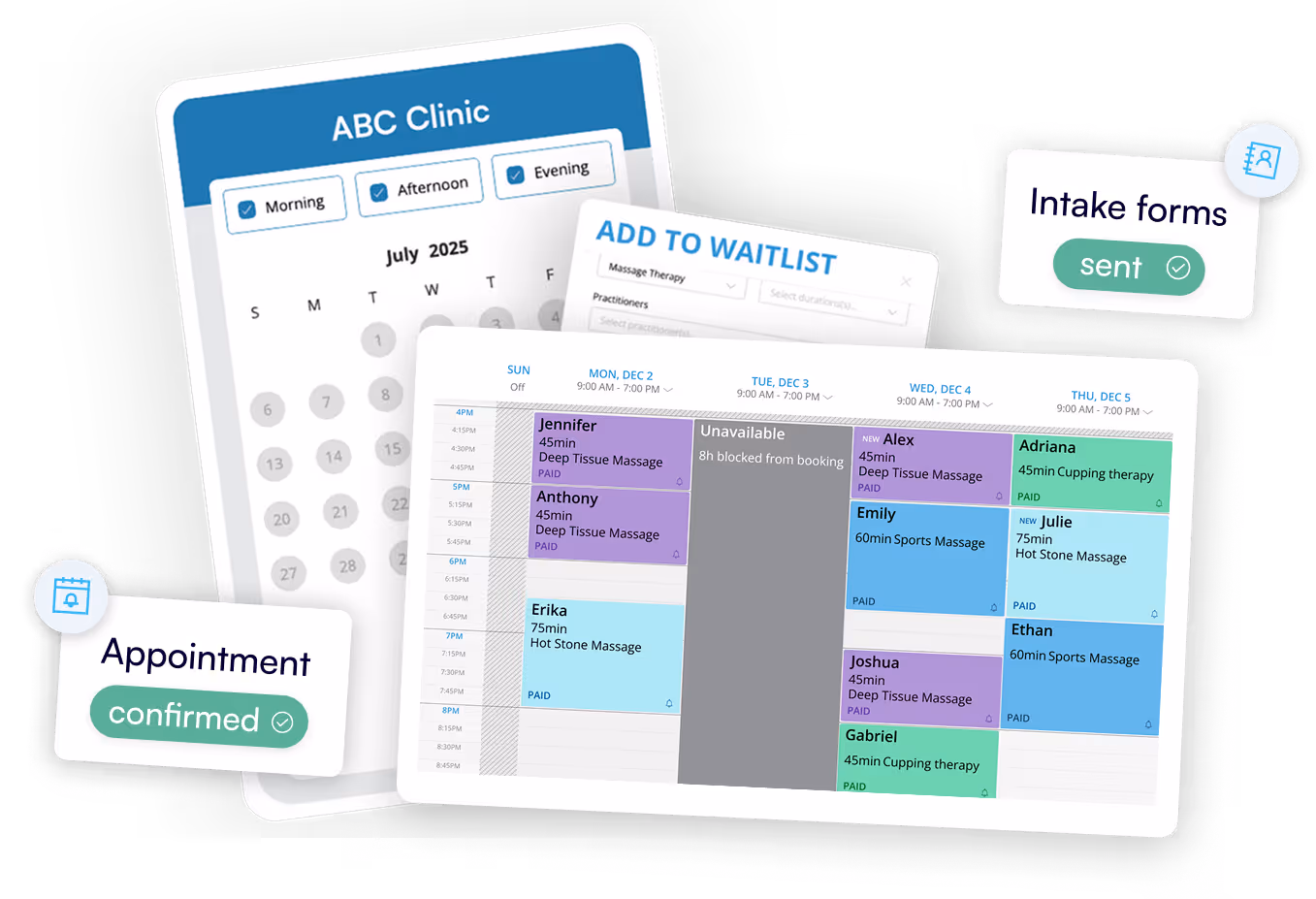 ABC Clinic calendar for July 2025 with morning, afternoon, and evening options; massage therapy schedule showing booked appointments and unavailable slots; labels confirming appointment and intake forms sent.
