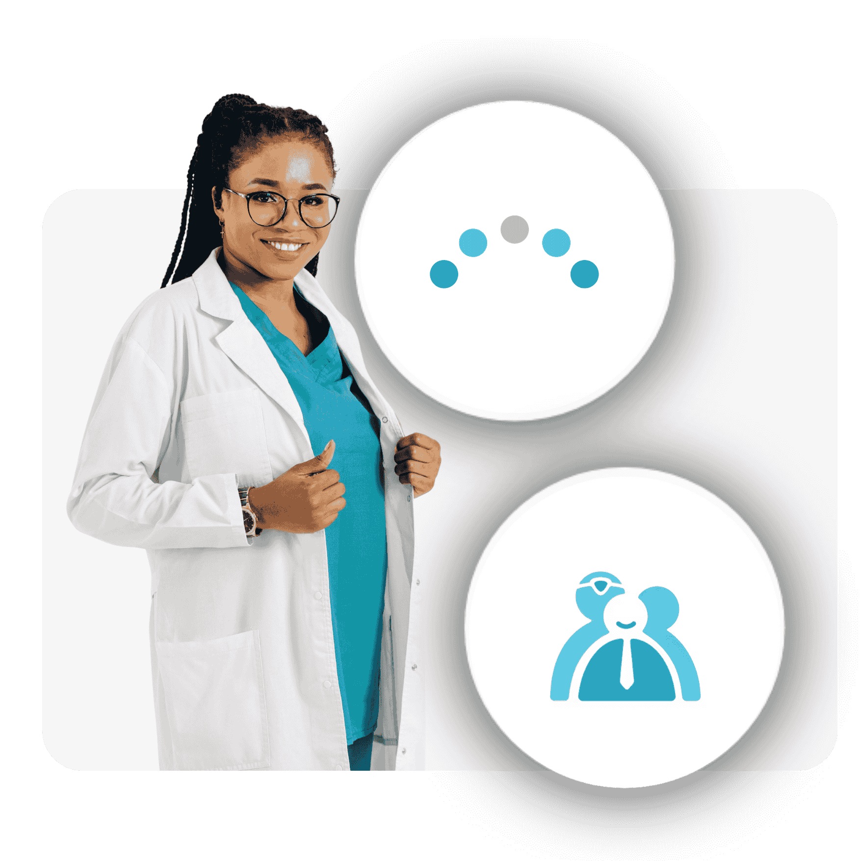 Smiling female medical professional in glasses, teal scrubs, and white lab coat standing next to two circular icons with medical-related symbols.