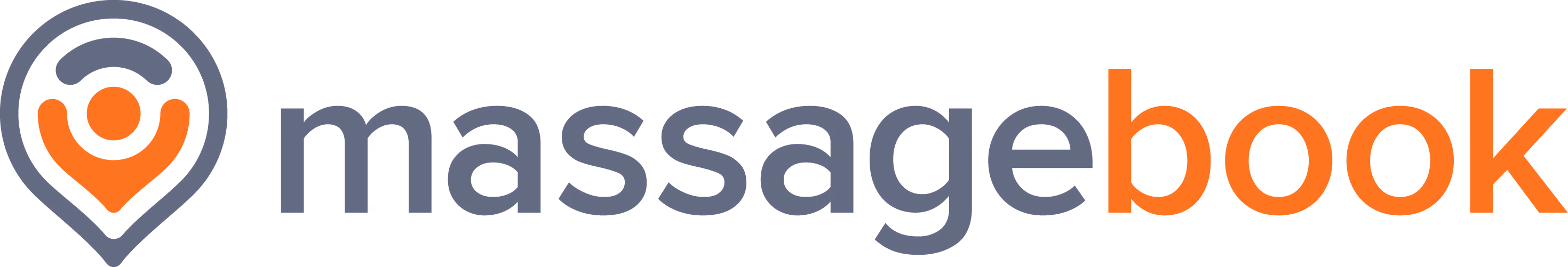 Logo with a location pin and a person icon next to the word massagebook.