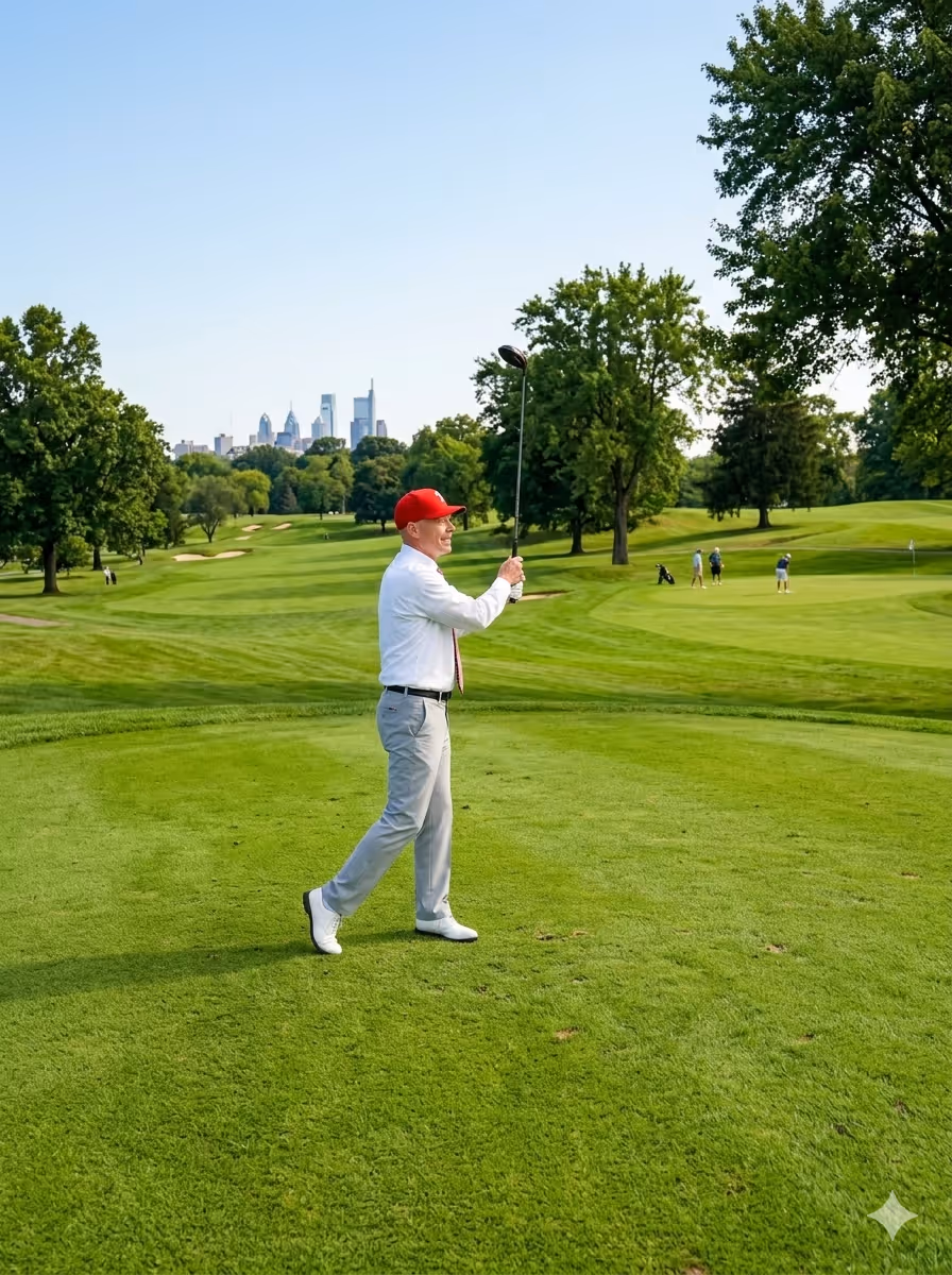 Man in white shirt, gray pants, and red cap swinging a golf club on a green golf course with trees and city skyline in the background.