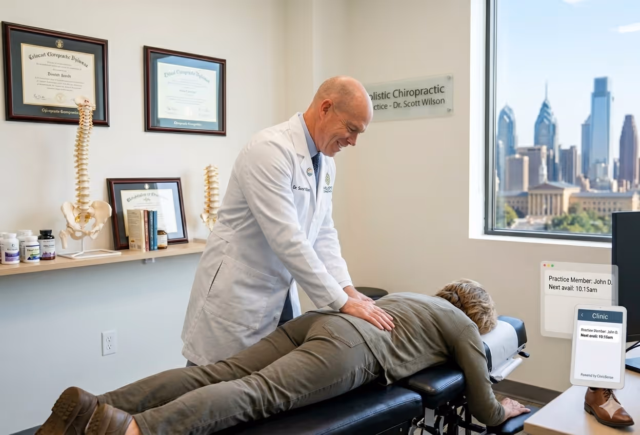 Chiropractor in a white coat adjusting a patient's lower back in a clinic with framed diplomas and spine models on the wall.