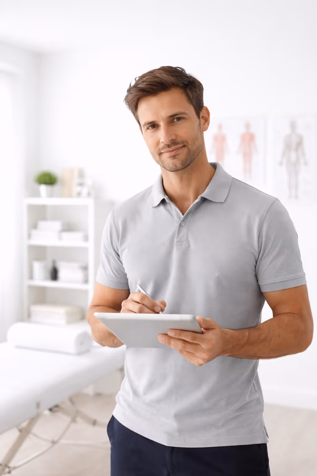 Smiling male healthcare professional in a gray polo shirt holding a tablet and stylus in a bright medical office.