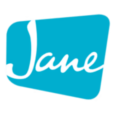 White cursive text 'Jane' on a turquoise trapezoid background.