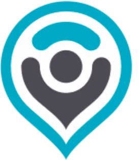 Abstract location pin icon with a central dot and curved shapes in turquoise and dark gray.