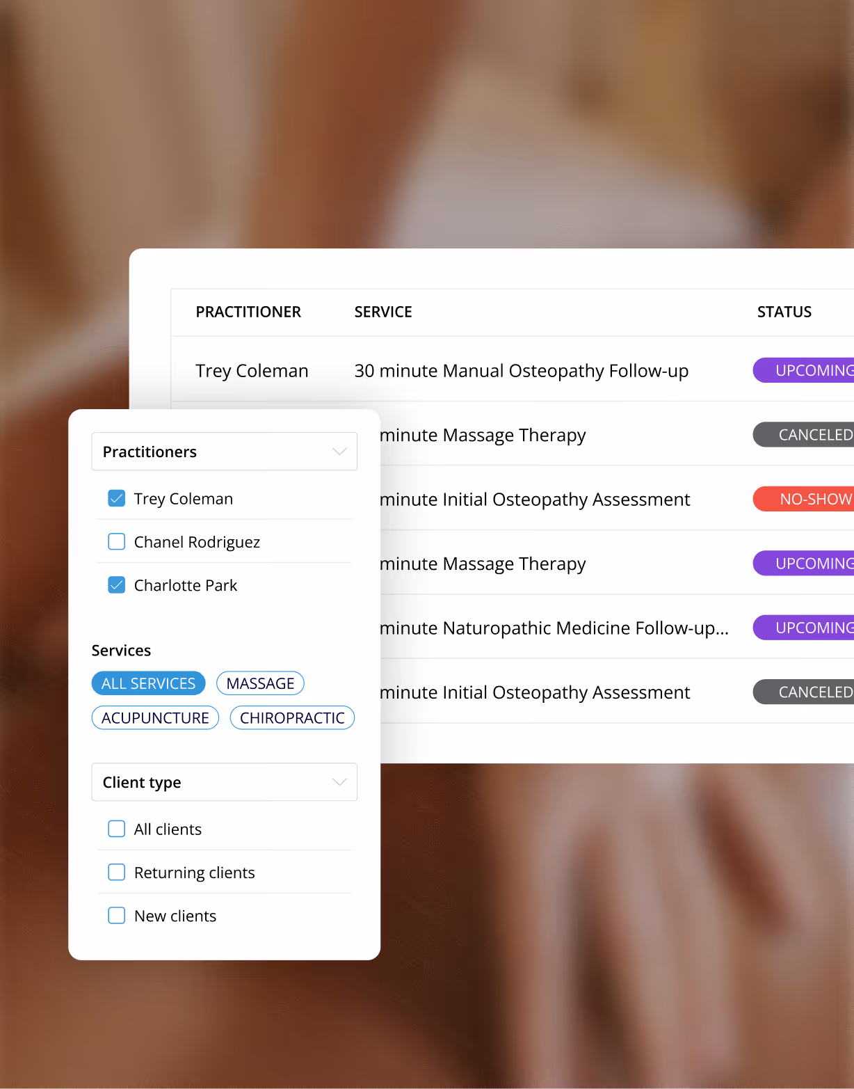 Booking interface showing a list of appointments with practitioners Trey Coleman and Charlotte Park selected, filtering services like massage, acupuncture, and chiropractic, and client type options.