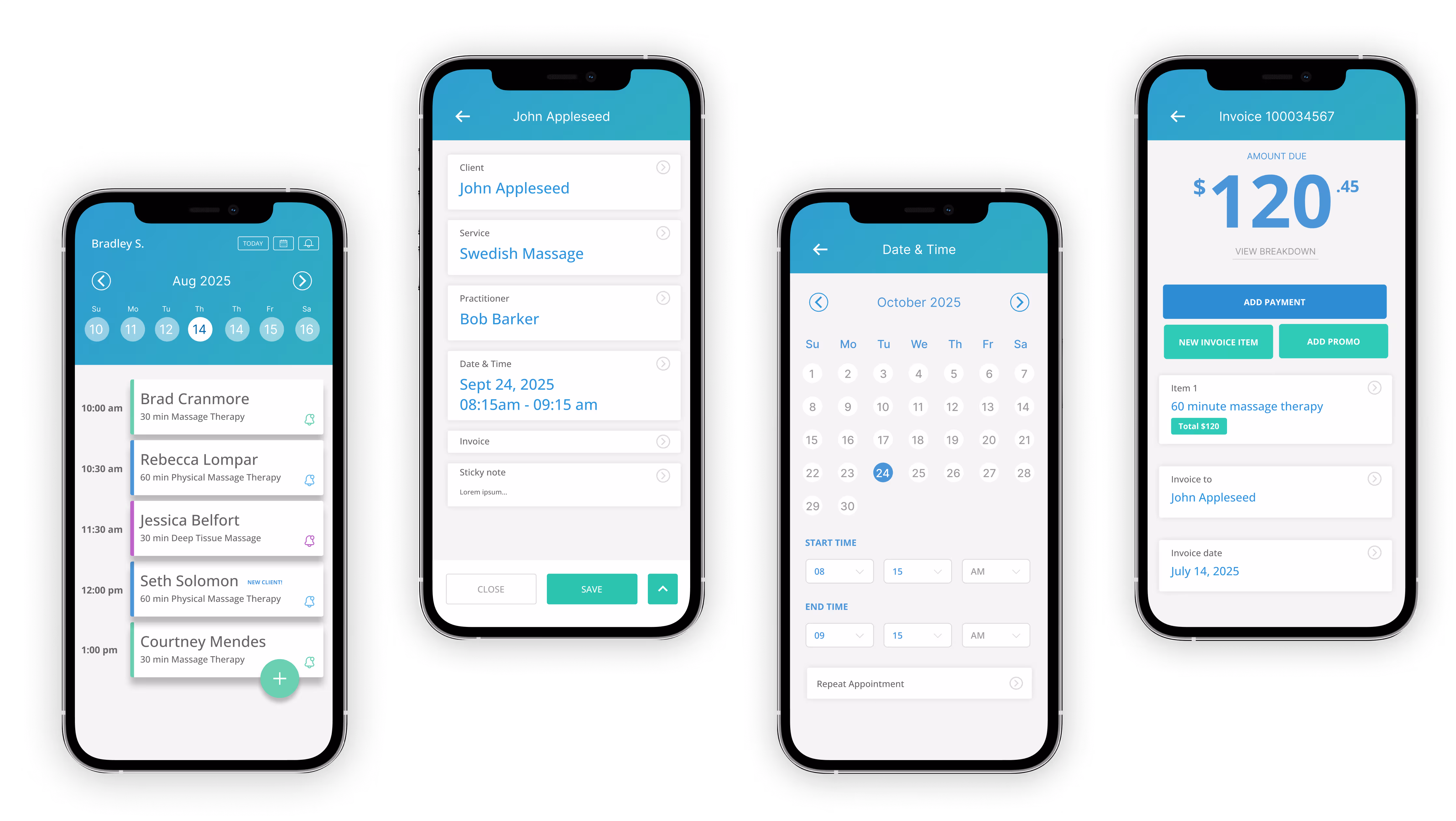 Four smartphone screens displaying a massage therapy app with appointment calendar, client and service details, date and time selection, and invoice payment interface.