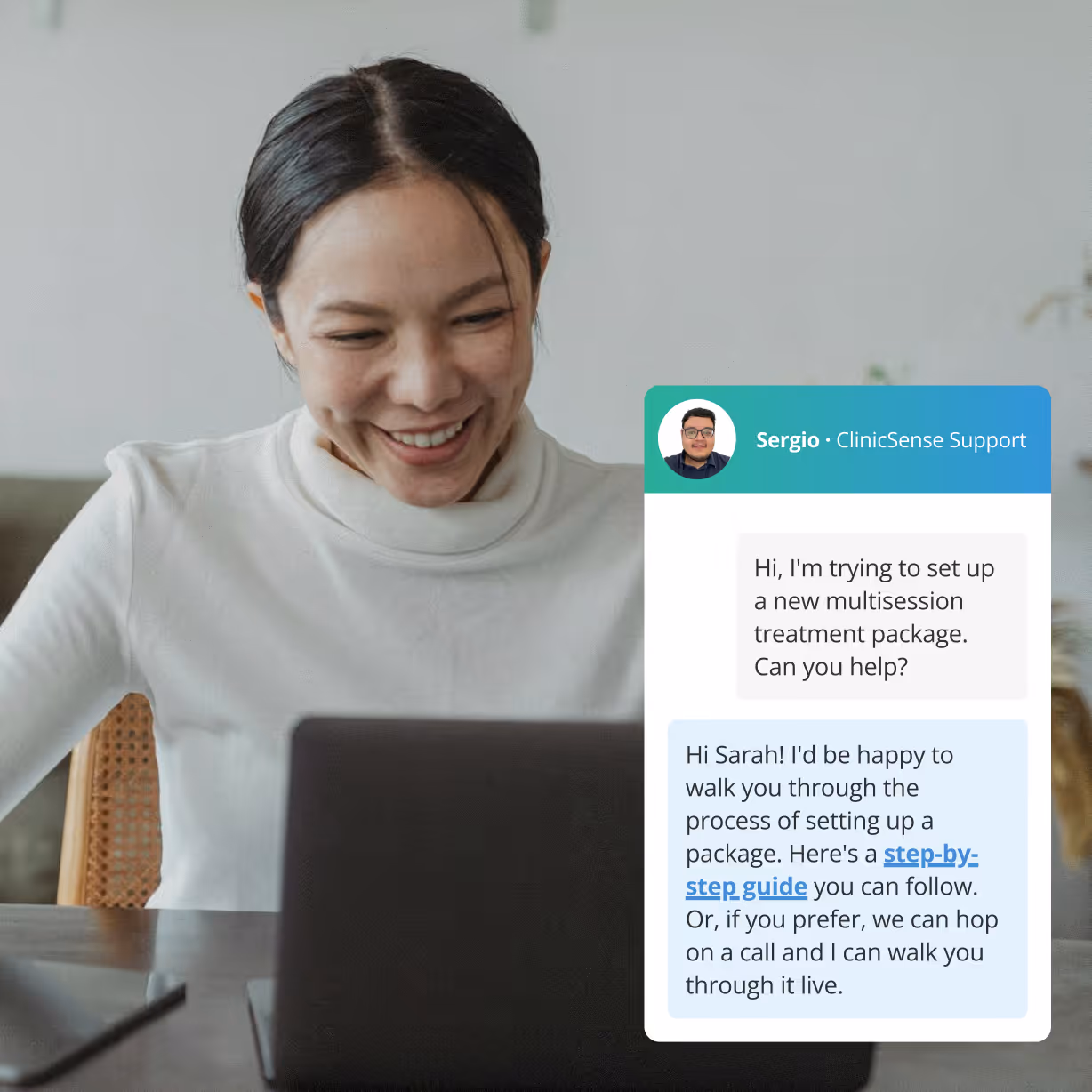 Smiling woman looking at a laptop with a chat window showing support conversation about setting up a multisession treatment package.