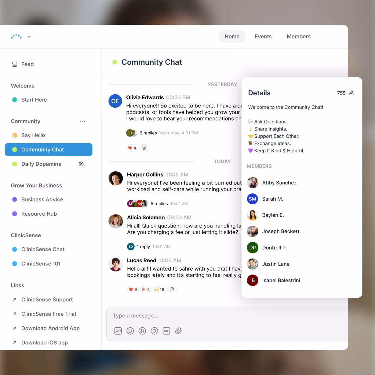 Screenshot of a community chat interface with user messages, member list, and chat topics including Community Chat, Daily Dopamine, and Business Advice.