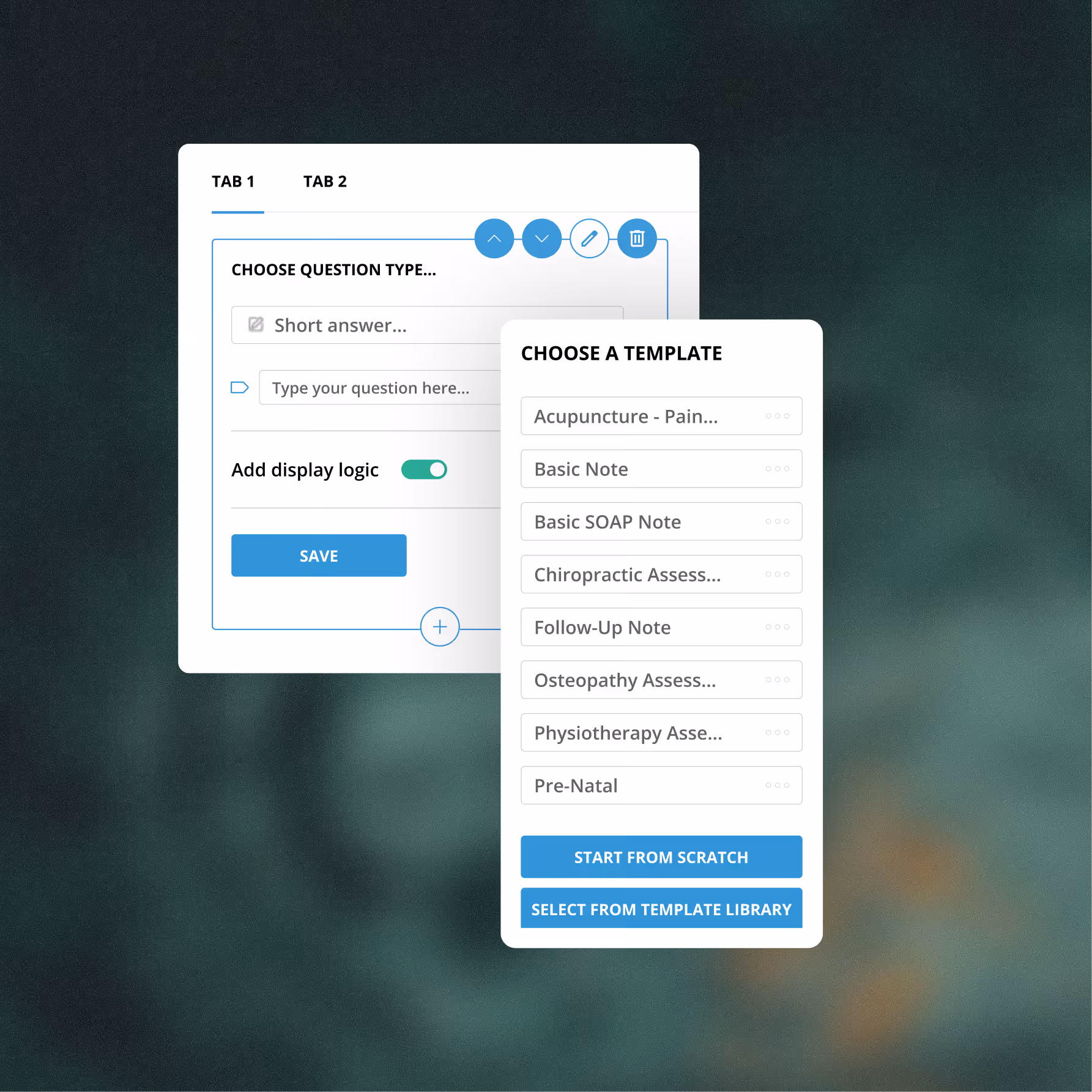 Interface showing question type selection and template choices like Basic Note, SOAP, and Chiropractic Assess.