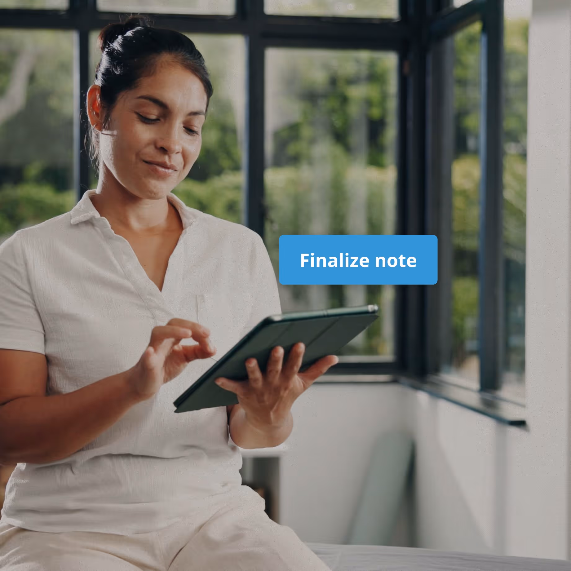 Woman in white shirt using a tablet with 'Finalize note' text in a bright room with large windows.