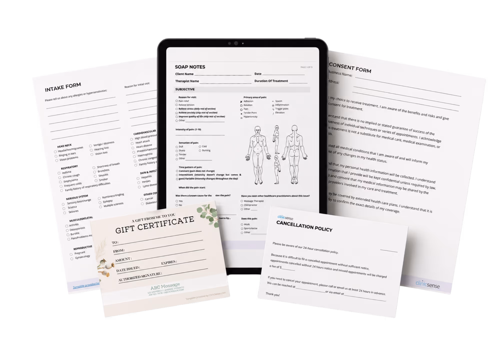 Intake form, SOAP notes on tablet, consent form, gift certificate, and cancellation policy documents displayed.